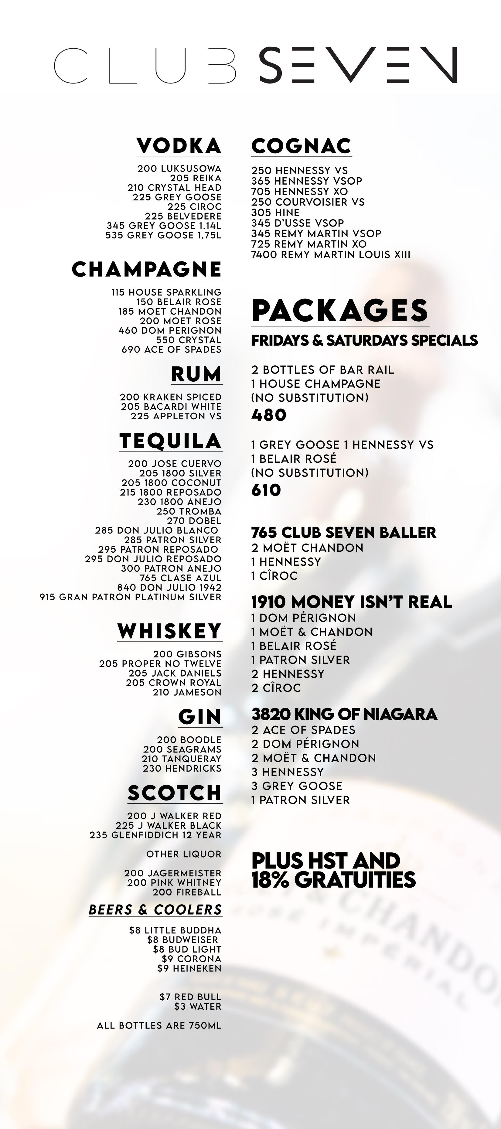 Club Se7en Bottle Service Menu